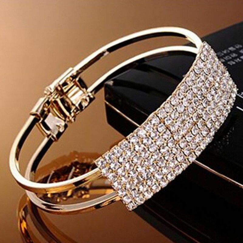 Vrouwen Mode Twee Rij Strass Armband Manchet Starry Brede Armband Bruids Sieraden Goud Kleur Metal Bangle Accessoires: Default Title