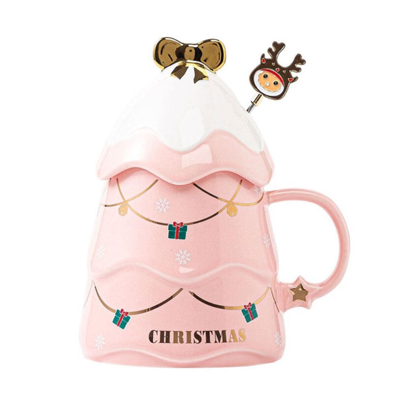 500ML Christmas Tree Shaped Tea Cups Milk Mugs Coffee Cups with Lids Funny Mugs Ceramic Material Cups 4 Colors to Choose: Pink