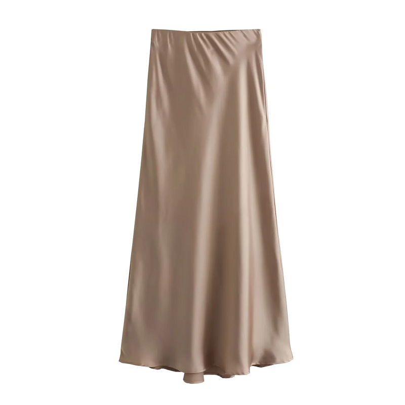 ONKOGENE Satin Midi Frauen Rock Mittlere Taille Falten Dame Rock 2024 Frühling Sommer Neue Elegante Casual Büro Frauen Kleidung: XS / Kakifarbig