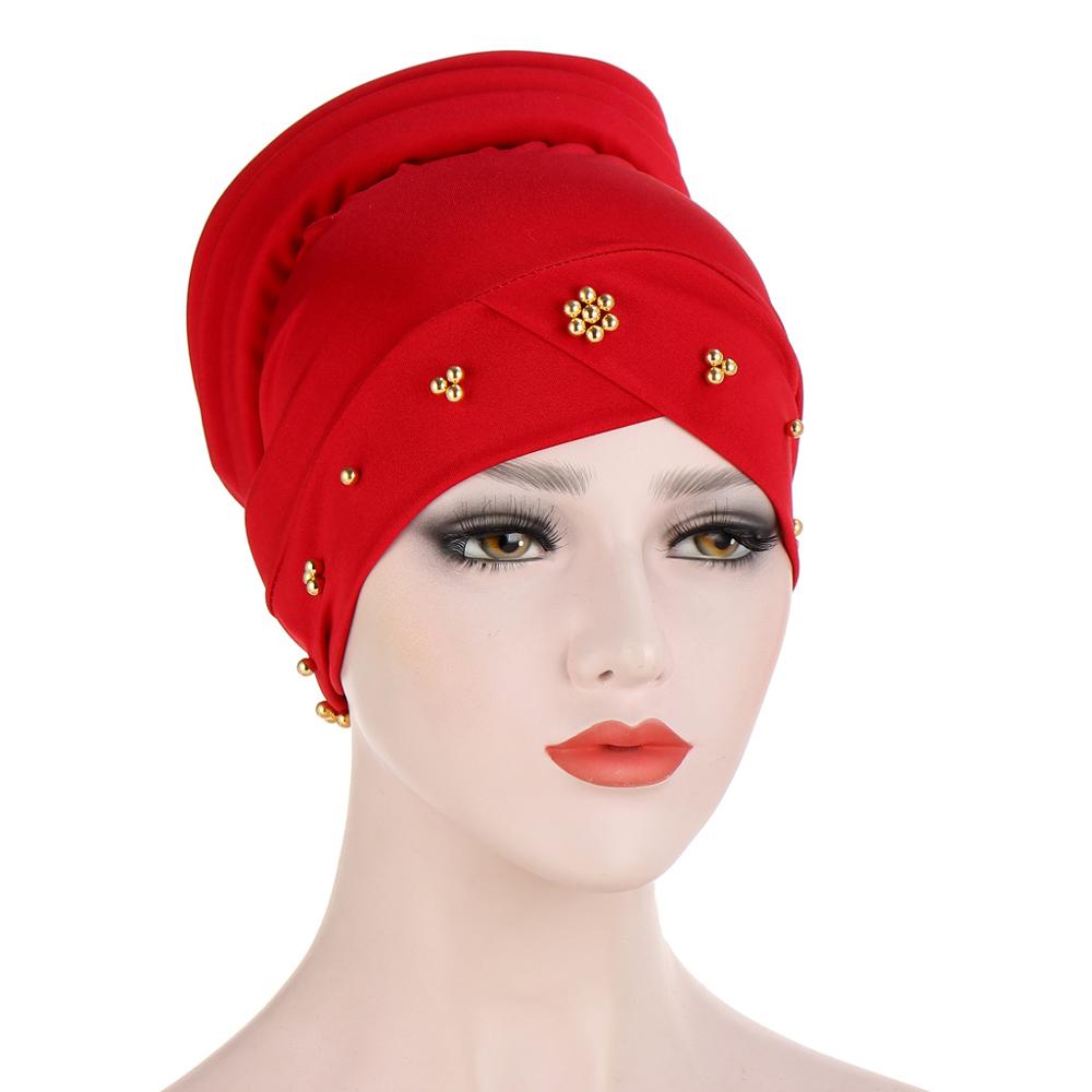Turbante con cuentas, Turbante elástico musulmán para mujer, gorro interior hiyab cruzado para la frente, gorro árabe para envolver la cabeza, gorros para Hijab: 1