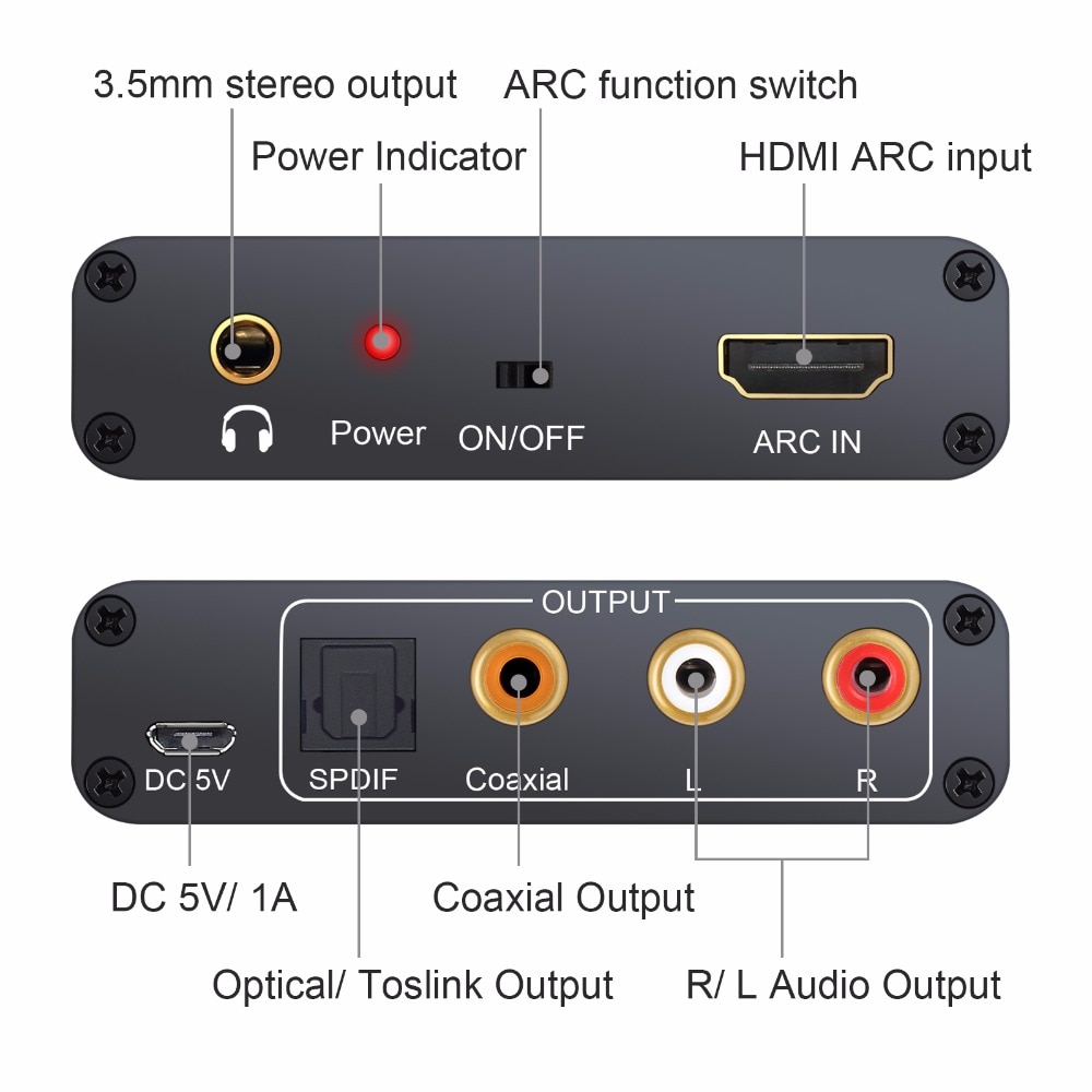 192KHz Aluminium ARC Audio Adapter HDMI Audio Extractor Digitaal naar Analoog Audio Converter DAC SPDIF Coaxiale RCA 3.5mm jack Uitgang