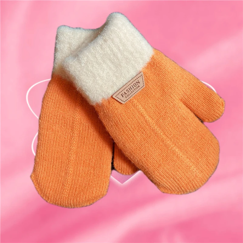 Children's Gloves Winter Solid Thicken Plus Velvet Halter Gloves For Kids Toddler Outdoor Keep Warm Knitted Mittens With Rope: PURPLE / S