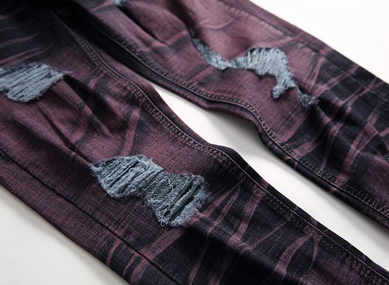 À la déchiré violet jean hommes coupe étroite serré cheville moteur Biker jean hommes pantalon Punk Rock trou couleur contraste jean hommes: 36