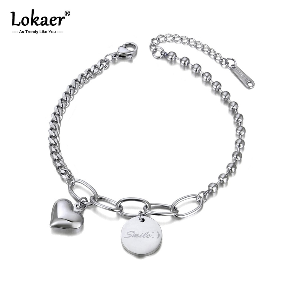 Lokaer Rvs Glimlach Tag & Heart Charm Armbanden Voor Vrouwen Bohemen Rose Gouden Ketting Link Armband Sieraden B20086