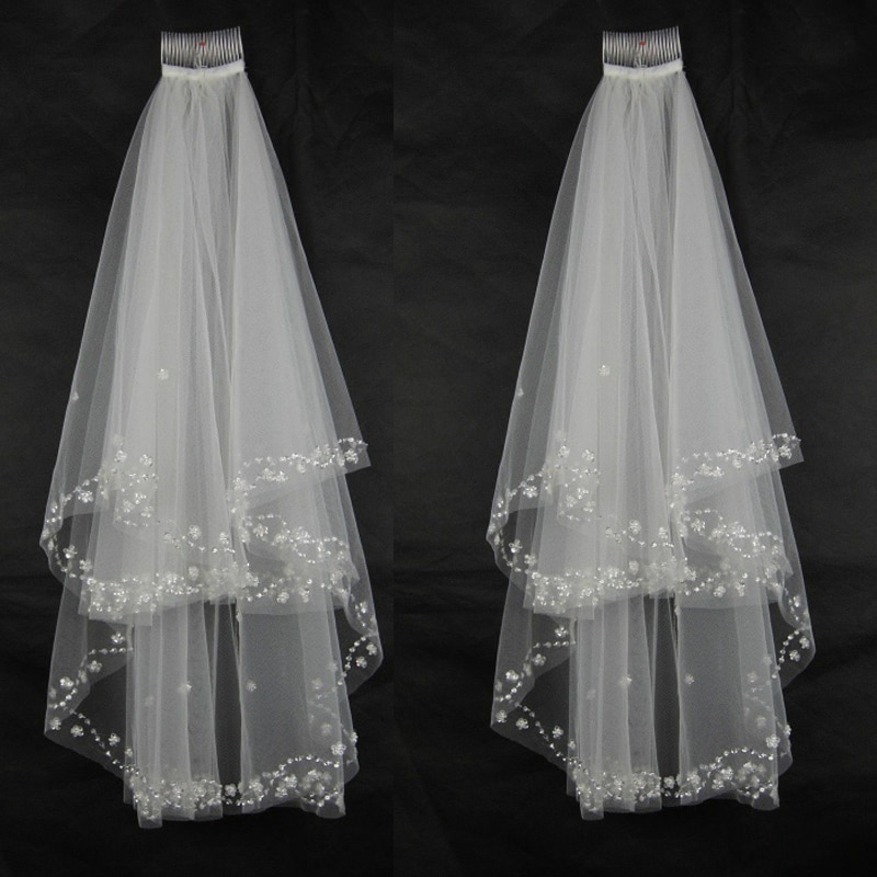 velo nupcial 2T con cuentas de cristal, codo, lentejuelas y perlas, velo de boda con peine