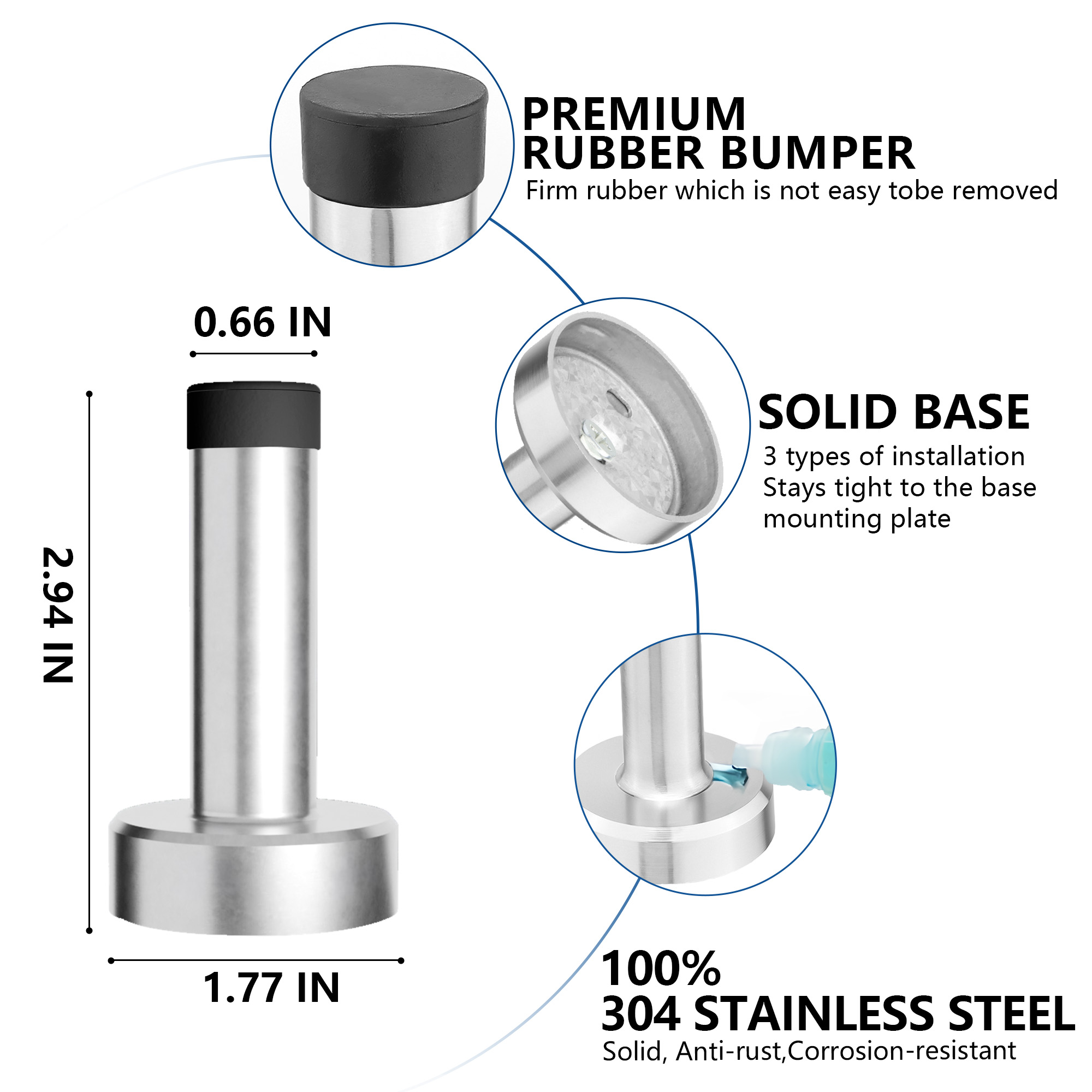 Door Stopper, Rubber Door Stop - Wall Mounted with Dual Installation (Adhesive & Screws) - Stainless Steel T-Shaped Bumper with