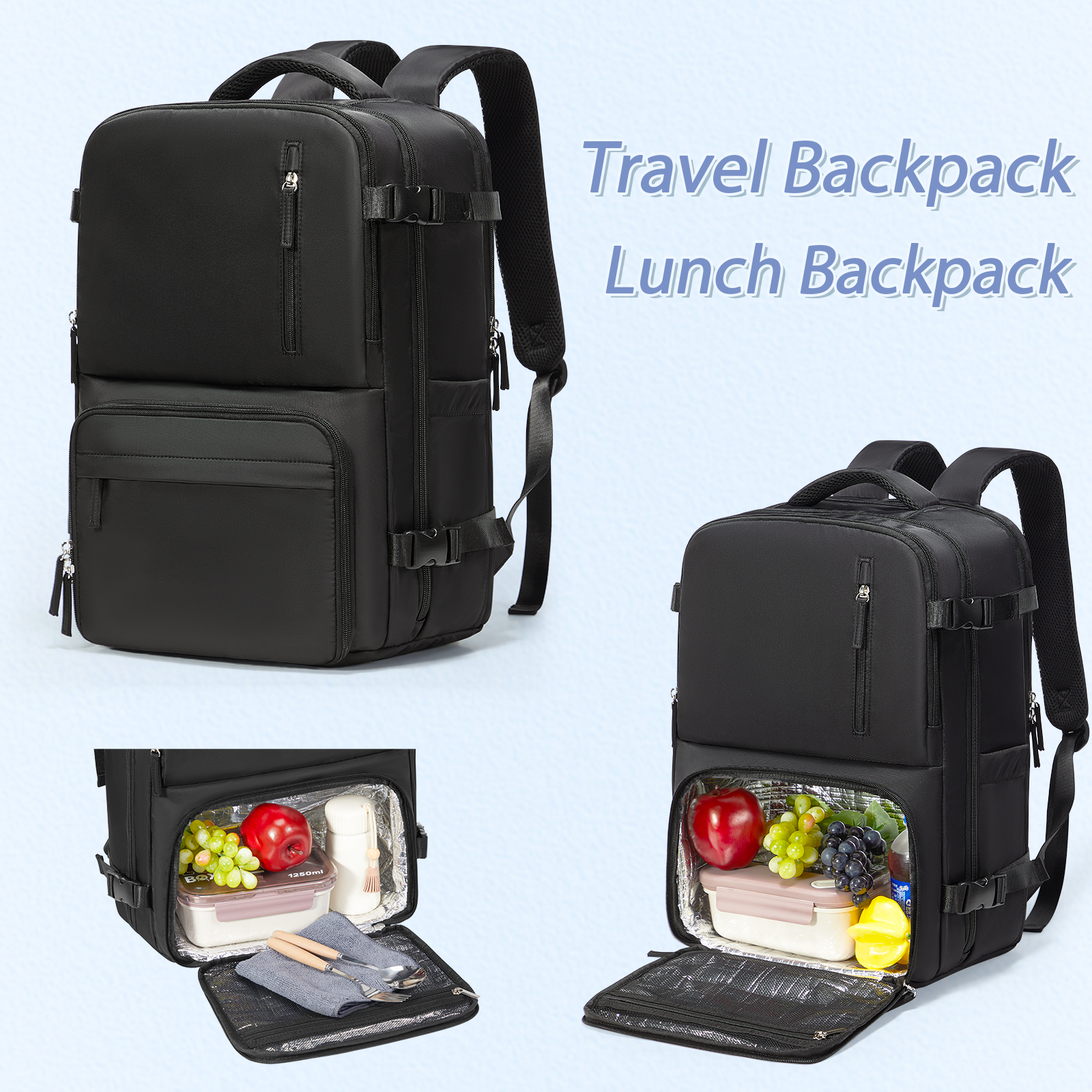 Mochila de almuerzo Mochila para hombre con fiambrera, mochila para portátil de 15,6 pulgadas Mochila de viaje, mochila de trabajo negra, fiambrera impermeable: Default Title