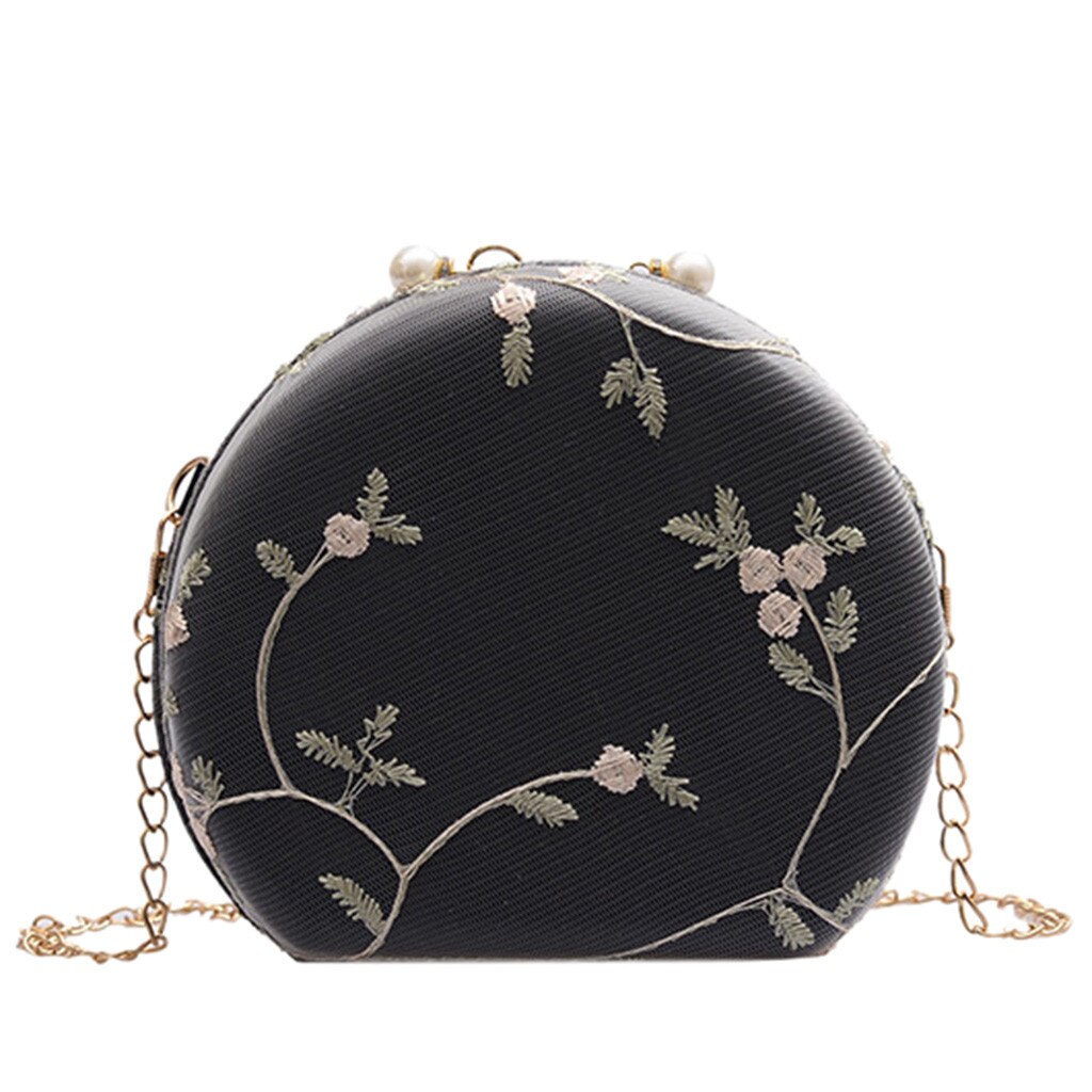 Embroidery Flowers Women Round Clutch Evening Bags Gold Chain Shoulder Bags Girls Handbags Purses Party Bag #YL5: Black