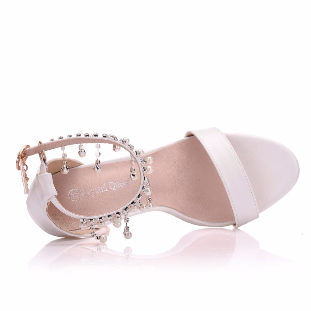 Sandalias de tacón de cristal para mujer, zapatos elegantes de boda, tacón alto, borlas con perlas, plataforma de cadena, , color blanco