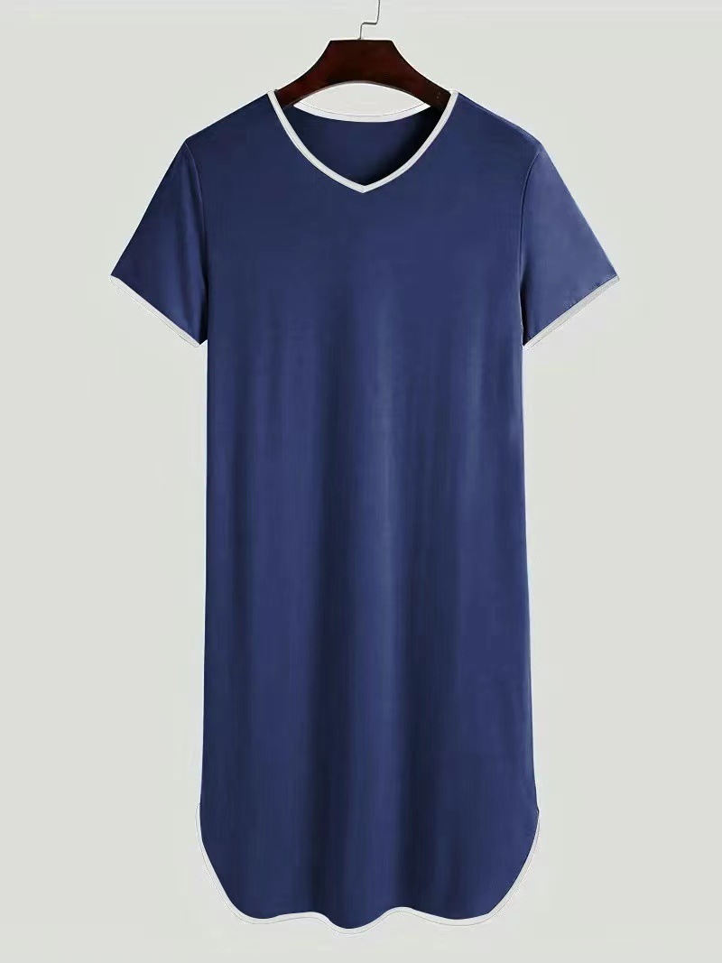 Men's Short-sleeved Lengthened Pajama Robes Loose Skin Friendly Casual Home Clothes Simple Vintage Bathrobe Men Nightgown: XL / Blue