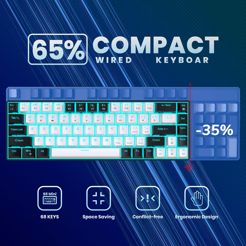 Mekaniskt tangentbord för gamer, 60%  mini-tangentbord, spel, 68 tangenter, bakgrundsbelyst, trådbundet, bärbart usb-tangentbord, pc-teclado, vitt, svart, klaver