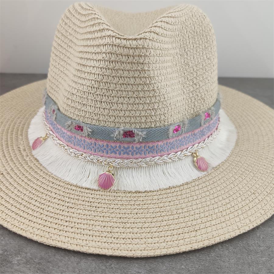 Boho stil solhat bred skygge floppy sommerhatte til kvinder strand panama stråkuppel blomsterhat femme skyggehat: 17