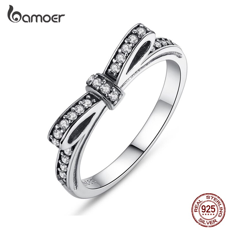 Bamoer 925 Sterling Silber Funkelnden Bogen Knoten Ringe Mikro Pflastern CZ für Frauen glänzend Zirkon Hochzeit Jahrestag Schmuck Pa7104