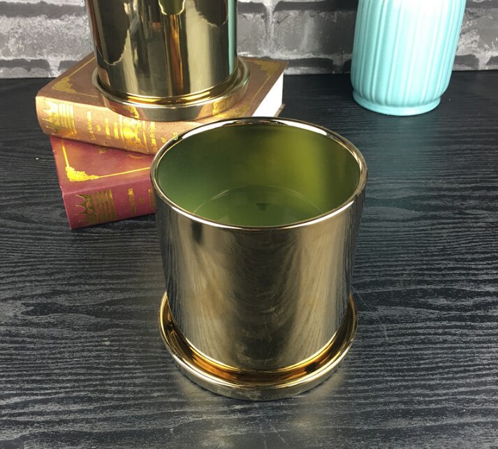 Cylindrical Flower Pot Luxury Electroplated Gold Silver Ceramic Flower Pot Plant Decorion Home Garden Desktop Decorion: Gold / 8x8x8cm