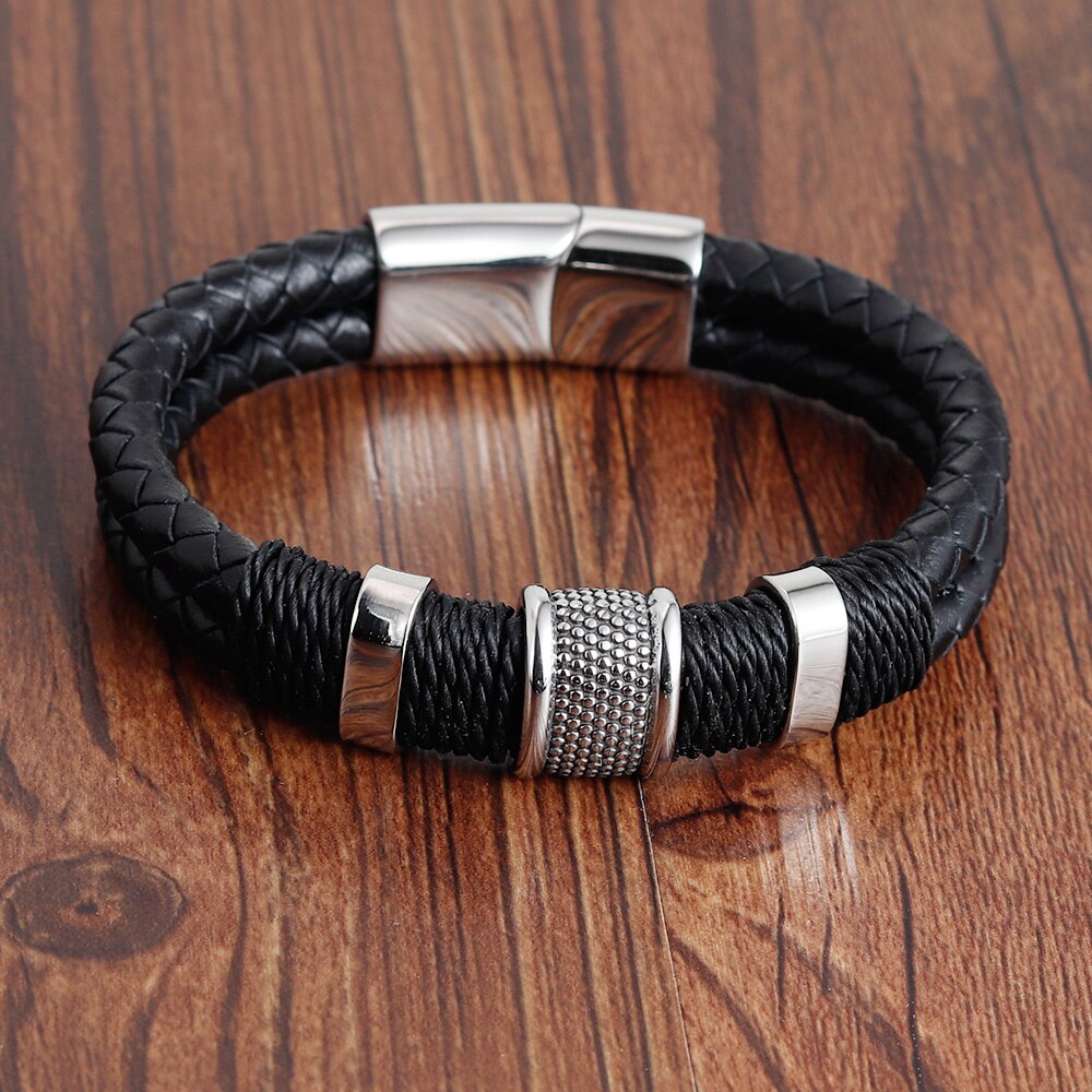 Mannen Lederen Armband Roestvrij Staal Magnetische Sluitingen Gevlochten Touw Polsband Punk Bangles Mannelijke Sieraden
