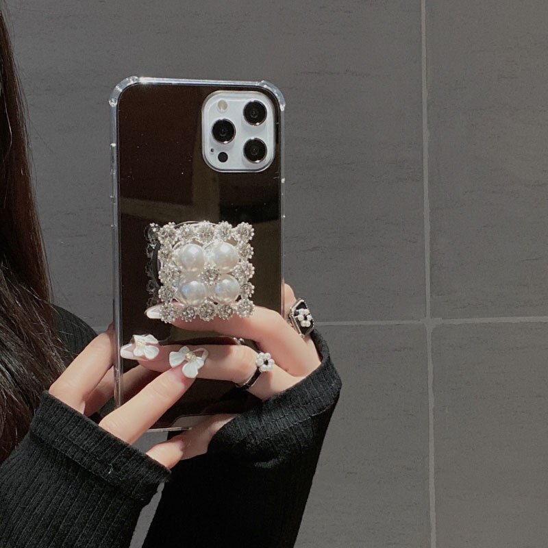 Luxury girl mirror Square Pearl Rhinestone Bracket soft Case For iPhone 11 12 Pro Max XR X XS MAX 8 7 plus protection Back Cover