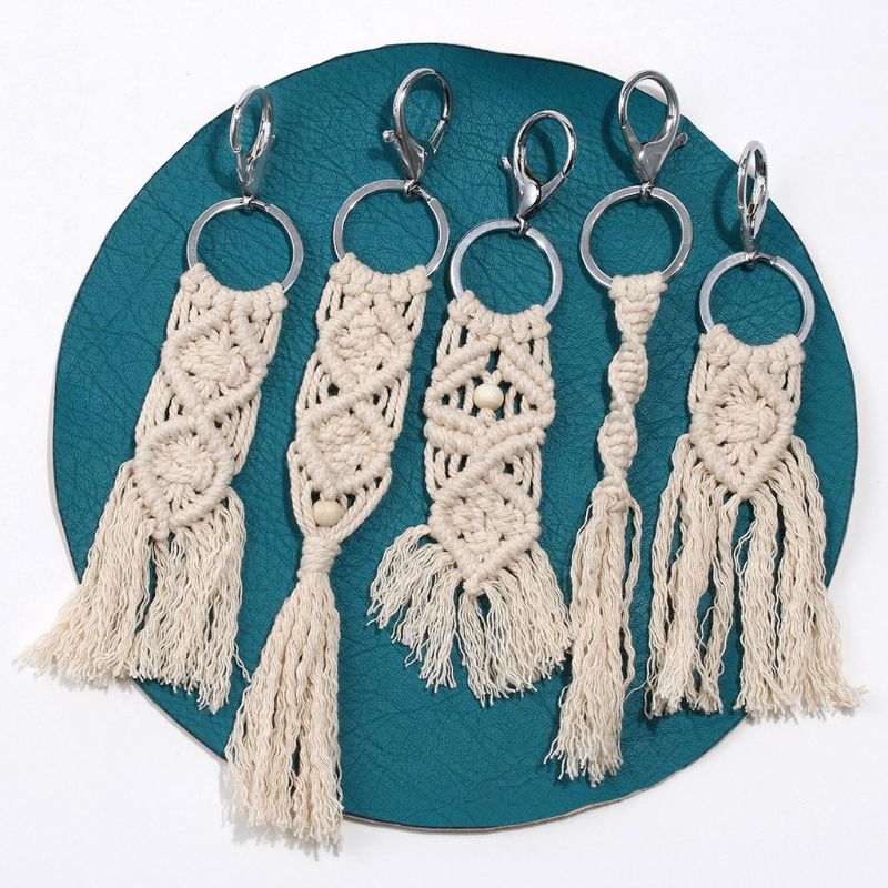 Mini Macrame Keychains Boho Macrame Bag Charms with Tassels Handcrafted Accessory for Car Key Purse Phone Wallet Unique Wedding