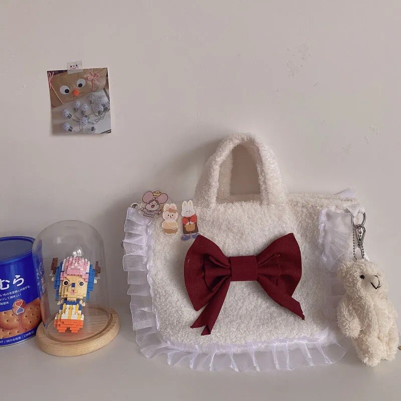 Japanischen y2k bogen frauen schulter tasche Harajuku Kawaii plüsch spitze eins neue leinwand Ulzzang perle kette frauen umhängetasche shpper tasche