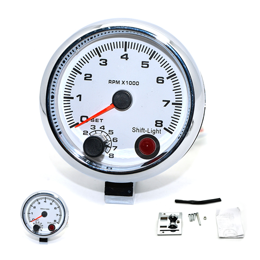 3.75" 95mm White Electrical Tachometer RPM Gauge With Internal Shift Light 4 6 8 Cylinders Chrome Rim