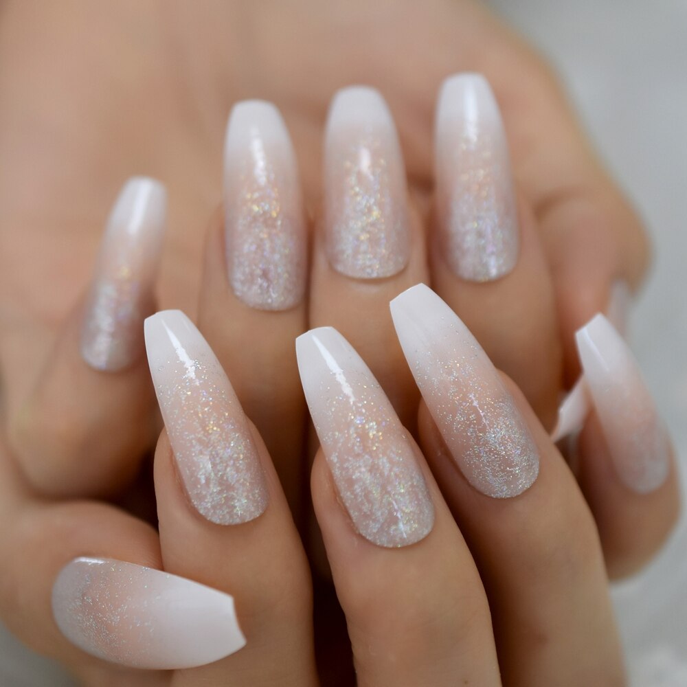 Holografisk faux ongles ombre nautal fransk nagel extra lång kista glitter abs gel fingernagel set 24 ct: L5694