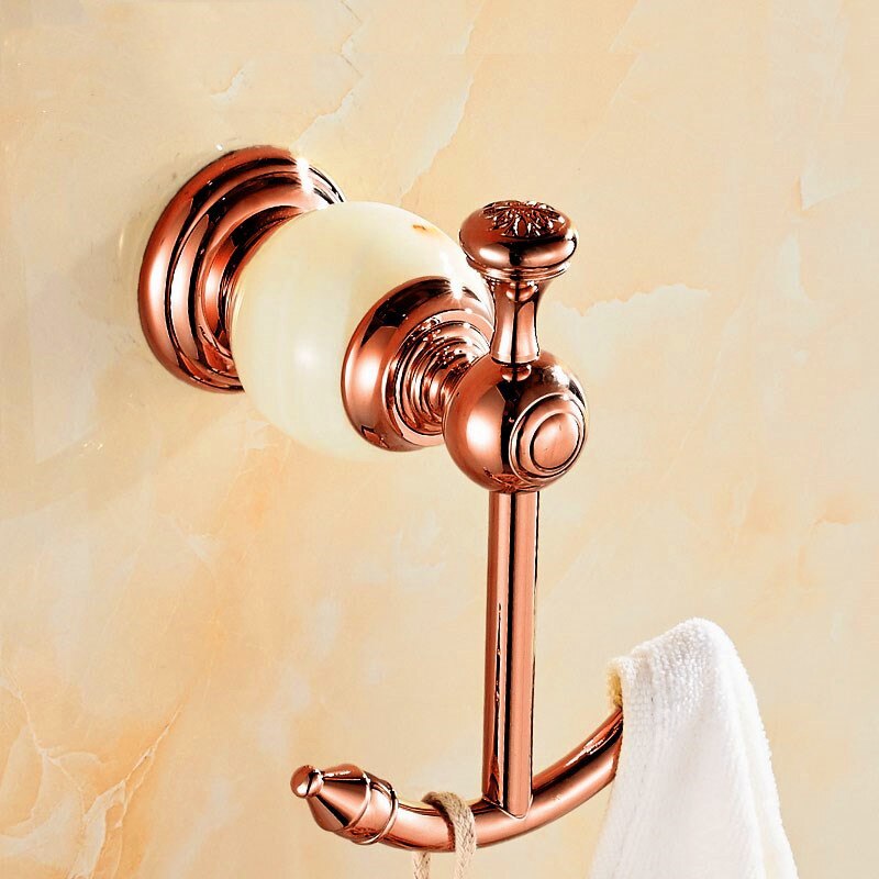 Roze gouden badkameraccessoires, jade badjashaak, handdoekring, toiletrolhouder, koper, messing, moderne badkameraccessoireset  wb8870
