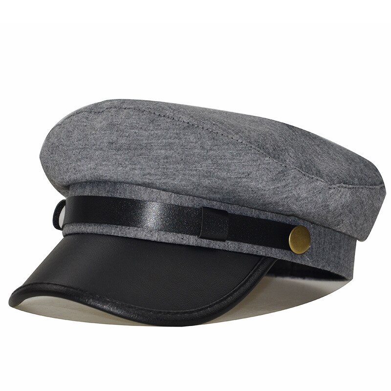 WELROG PU Leather Cotton Hats Wild Duck Tongue Octagonal Cap Women Flat Caps Berets Solid Lady Leather Buckle Hat: Gray