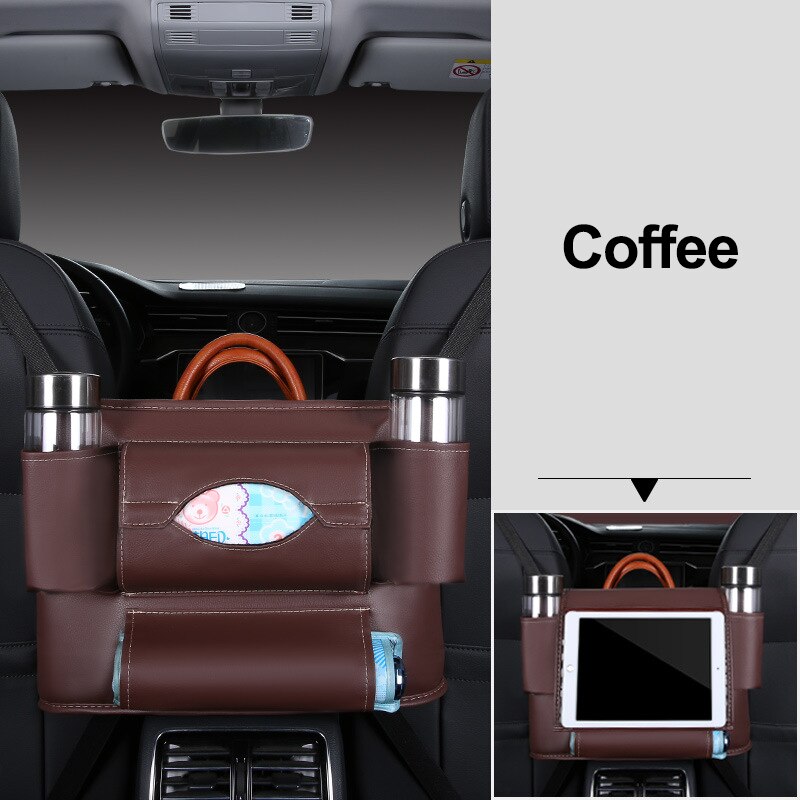 Autostoel rugleuning hangende opbergruimte stoel organizer pu lederen tissue opbergzak bekerhouder opbergen opruimen accessoires voor autostoelen: Koffie