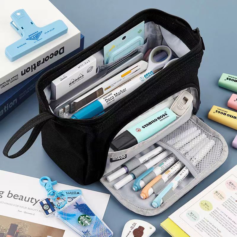 Cute Pencil Case Special Macaron Color Side Window Canvas Big Pencil Pouch Pen Box Storage Bag Student School Stationery: black