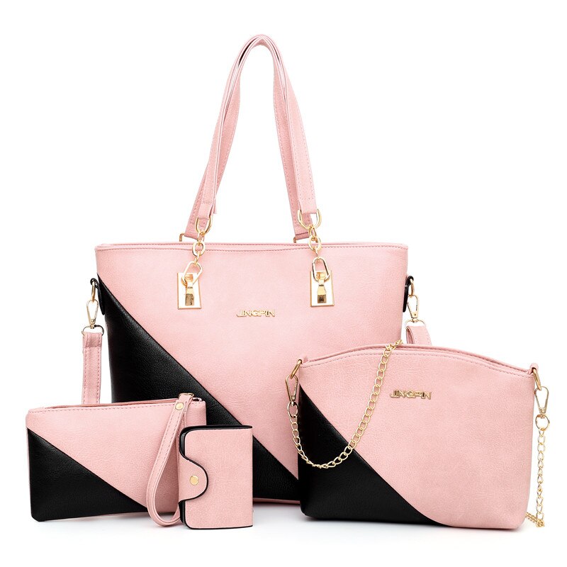 Stor kapacitet kvinder pu læder håndtasker muleposer damer 4 dele sæt skuldertaske luksus crossbody taske: Lyserød