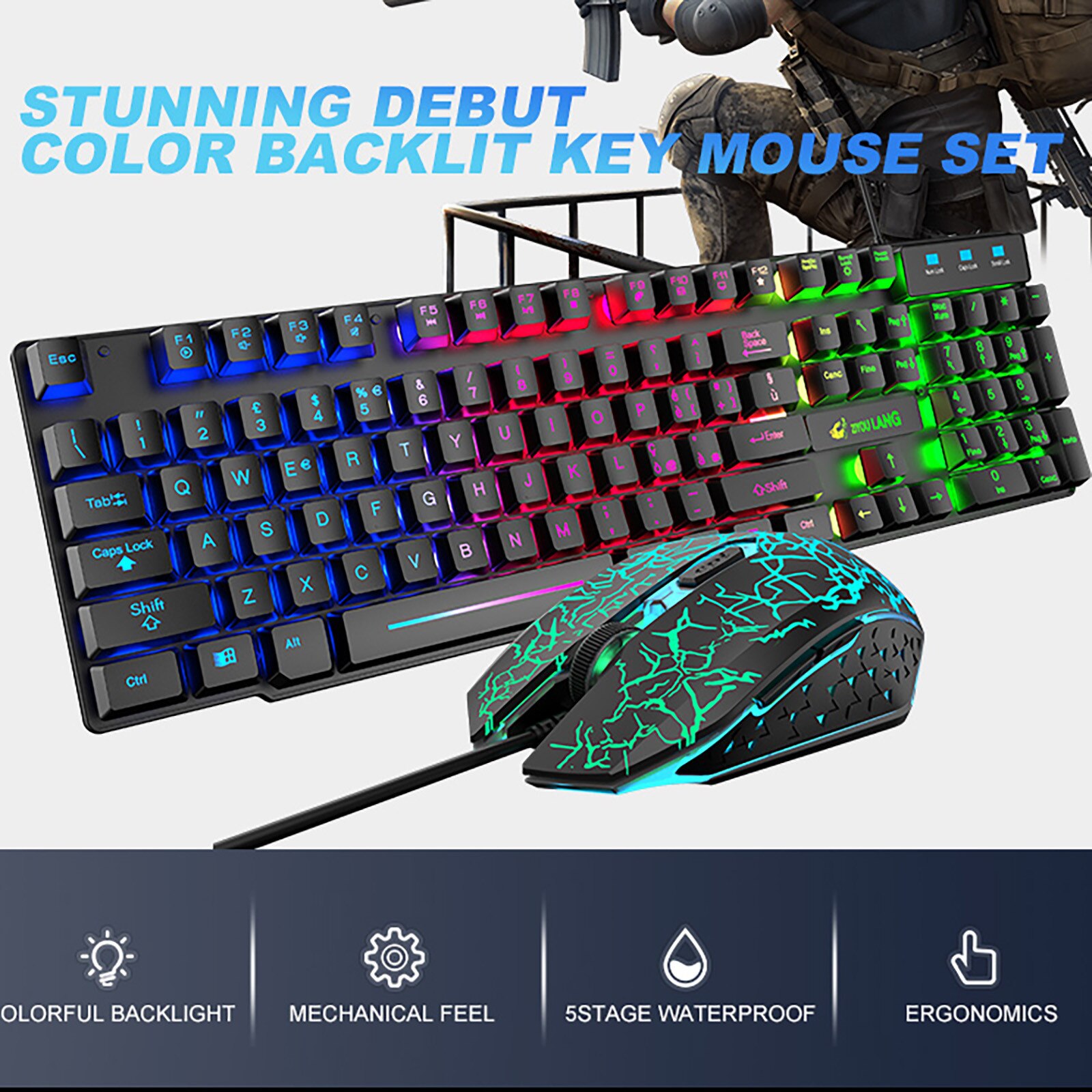 Keyboard Mouse T13 Rainbow Backlight Usb Ergonomic Gaming Keyboard Mouse Set For Pc Laptop Juego de teclado y mouse alemán