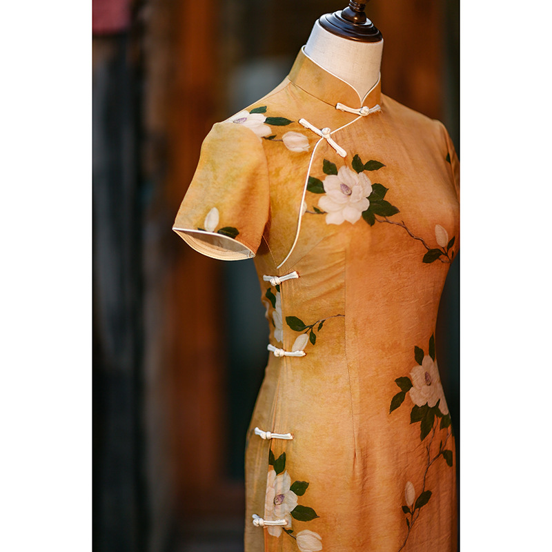 Yellow Chinese Cheongsam Girl Spring Vintage Dress Women Clothing Handmade Button Floral Long Dress Qipao