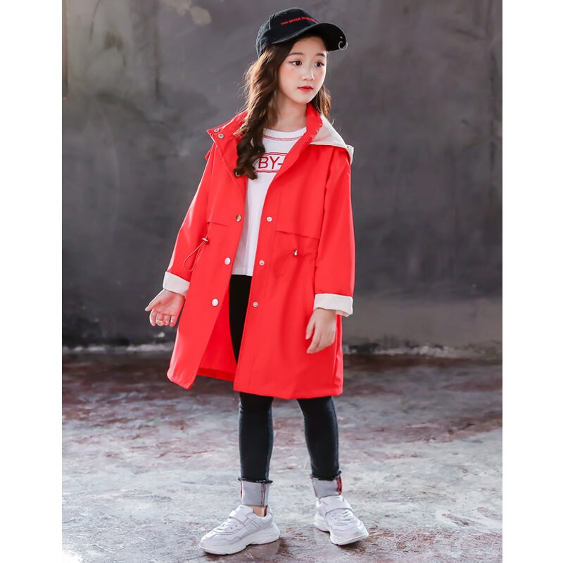 Girls trench coats kids windbreaker spring autumn teenage long coats outerwear for children clothes 5 7 9 11 13 Year: Red / 5
