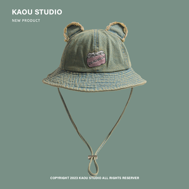 schattige beer oren geborduurde emmer hoed dames lente en zomer outdoor zonnescherm vetersluiting koepel vrije tijd zonnepet: WHITE