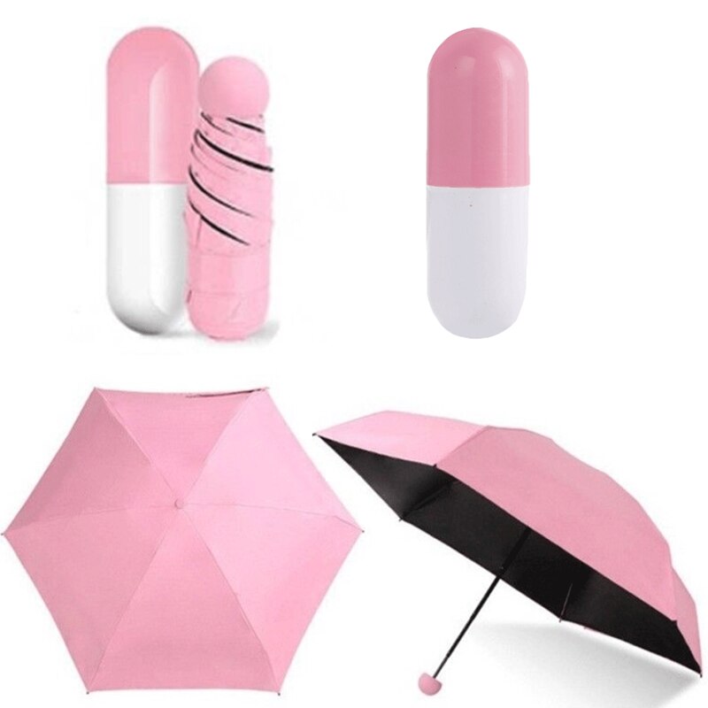 Miniparaguas plegable con caja para pastillas, sombrilla portátil de viaje, a prueba de lluvia, protección UV: Rosa