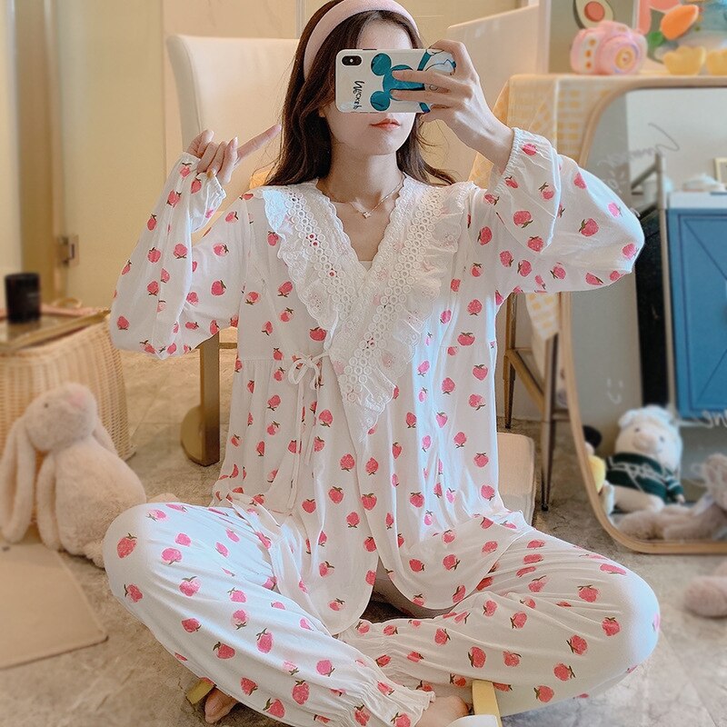Nattøj til gravide kvinder pyjamas sæt 2 stk bomuld v krave ammetøj amme graviditet nattøj hjemmetøj