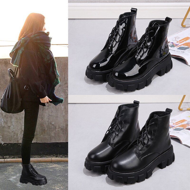 Vår höst lackkängor dam motorcykelstövlar kvinnliga skor kvinna tjock sula punkstövlar beige svart  eu 35-39