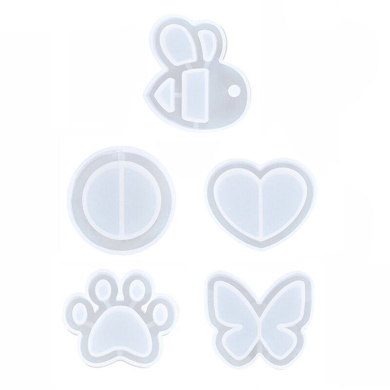 5 Styles Resin Shaker Molds Set Bee Round Heart Cat's Paw Butterfly Epoxy Quicksand Silicone Keychain Pendant Molds Kit
