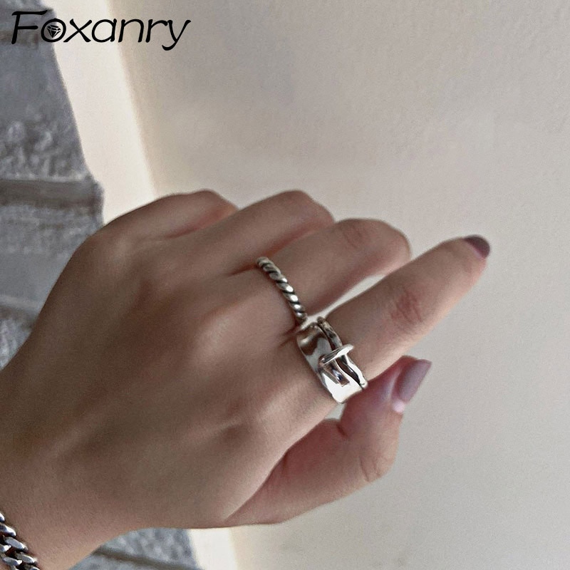 Foxanry INS 925 Sterling Silver Width Rings for Women Simple Double-layered Geometric Party Jewelry