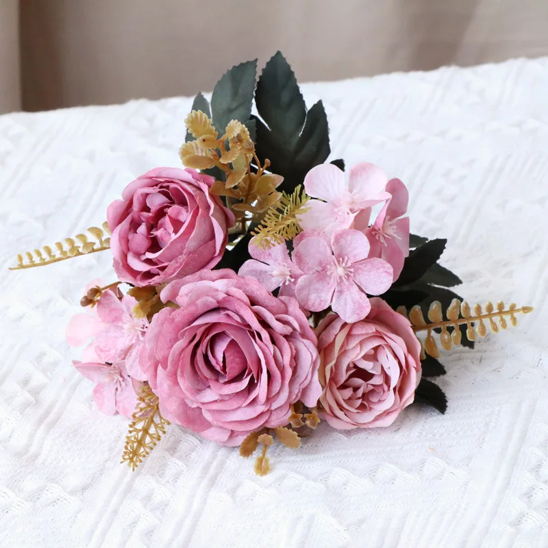 Fleurs artificielles violettes pivoines, 1 Bouquet, fausses roses d'automne en soie pour bricolage, décoration de salon, jardin de maison, mariage