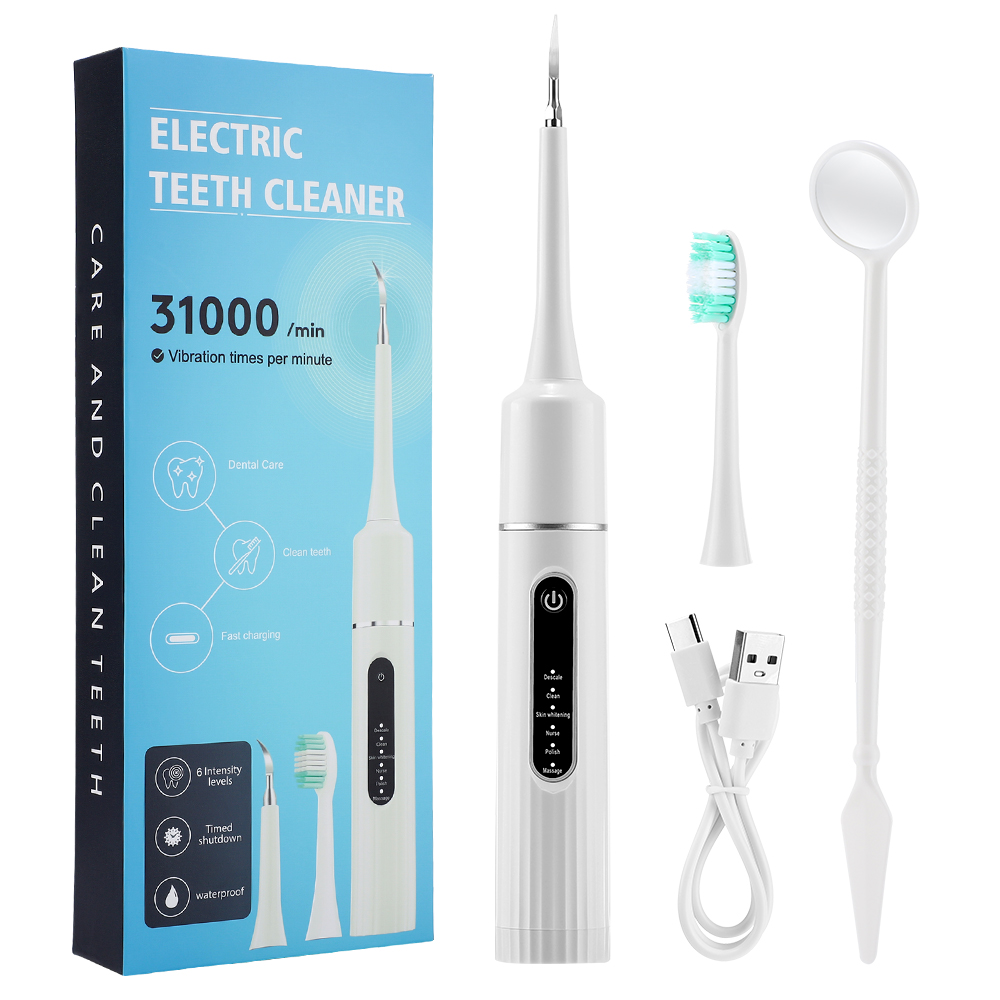 Electric Teeth Cleaner Remove Tartar Plaque Calculus and Tooth Stains Dental Teeth Whitening Kits With 6 Toothbrush Heads Home: WHITE