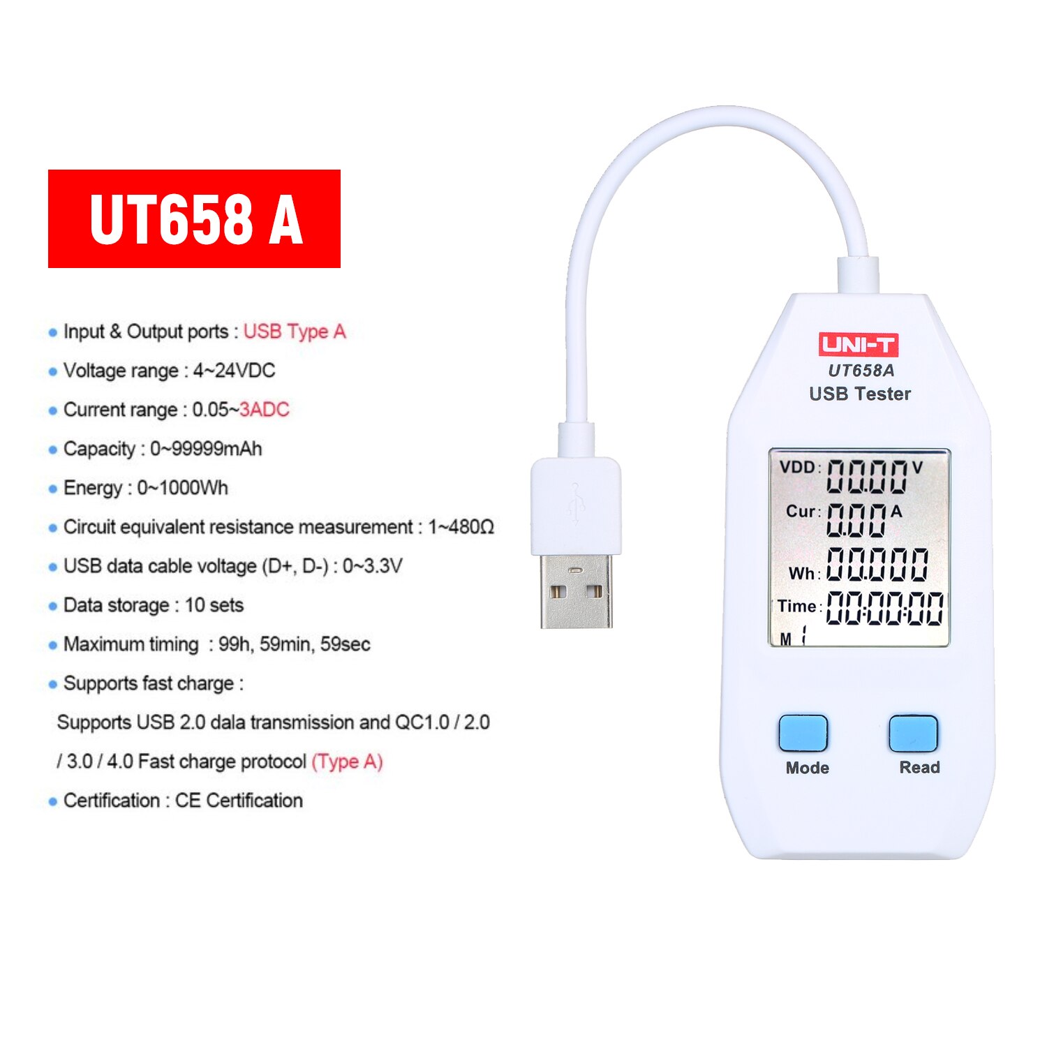 Usb-vermogensmeter lcd usb-tester detector voltmeter ampèremeter spanning stroom digitale vermogenscapaciteitstester: Ut658a
