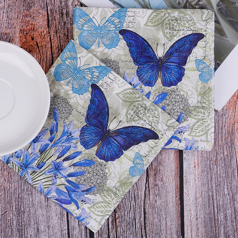 20 lilla blomst blå sommerfugl lommetørklæde decoupage vintage serviet papir tissue bryllup fødselsdagsfest juleservietter indretning
