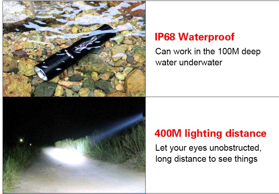 Super bright Diving Flashlight IP68 highest waterproof rating diving light Powered by 18650 battery With hand rope