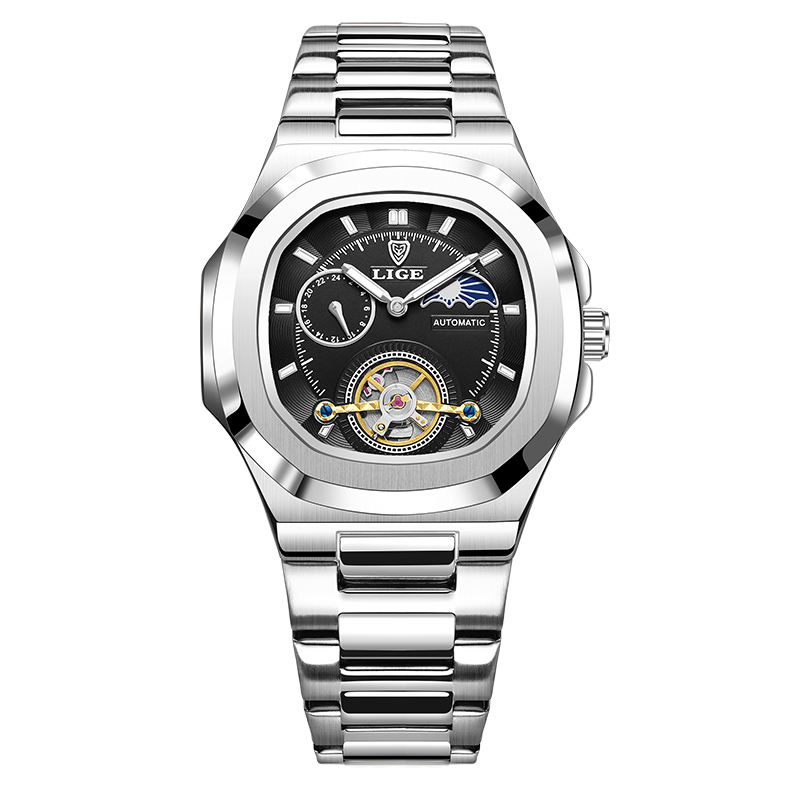 Reloj LIGE Tourbillon de doble segundo, reloj mecánico de 24 horas, reloj auténtico de acero inoxidable para hombre, reloj resistente al agua con brillo nocturno para hombre: Multicolor