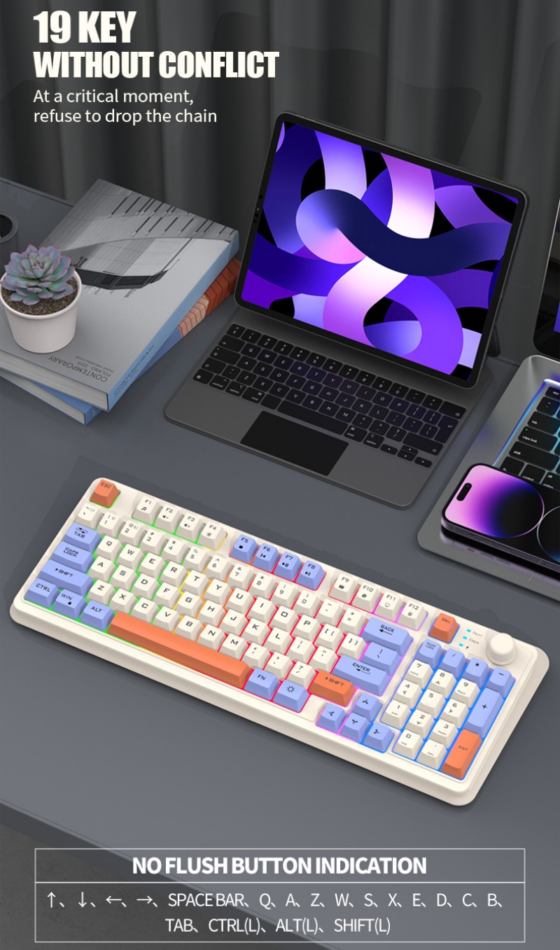 Nederland Draadloos mechanisch toetsenbord 94 toetsen 95% lay-out Engels Spaans Russisch Koreaans Arabisch toetsenbord Muisset Bluetooth 2.4G Type C Connect RGB K94 Grote oplaadbare batterij Ergonomie Gaming