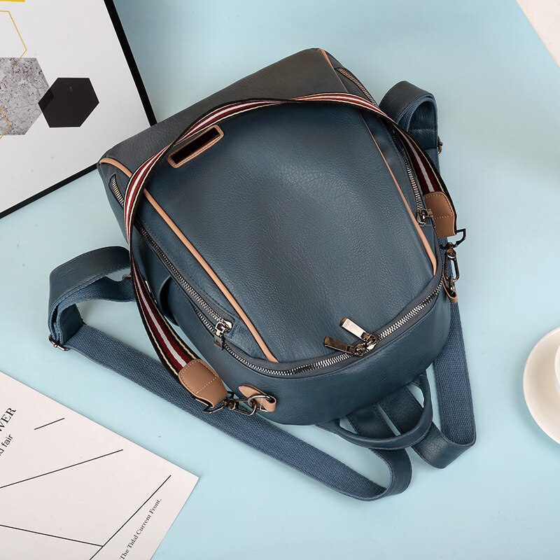 Women 's backpack spring wild soft leather leisure travel large capacity blue color bag purse