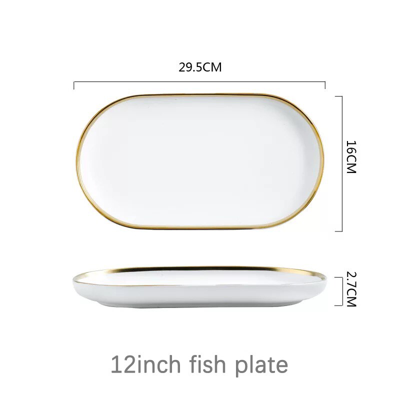 Juego de vajilla de porcelana con borde dorado, plato de cerámica para pastel, comida, ensalada, sopa, tazón, vajilla para restaurante: 12inch fish plate