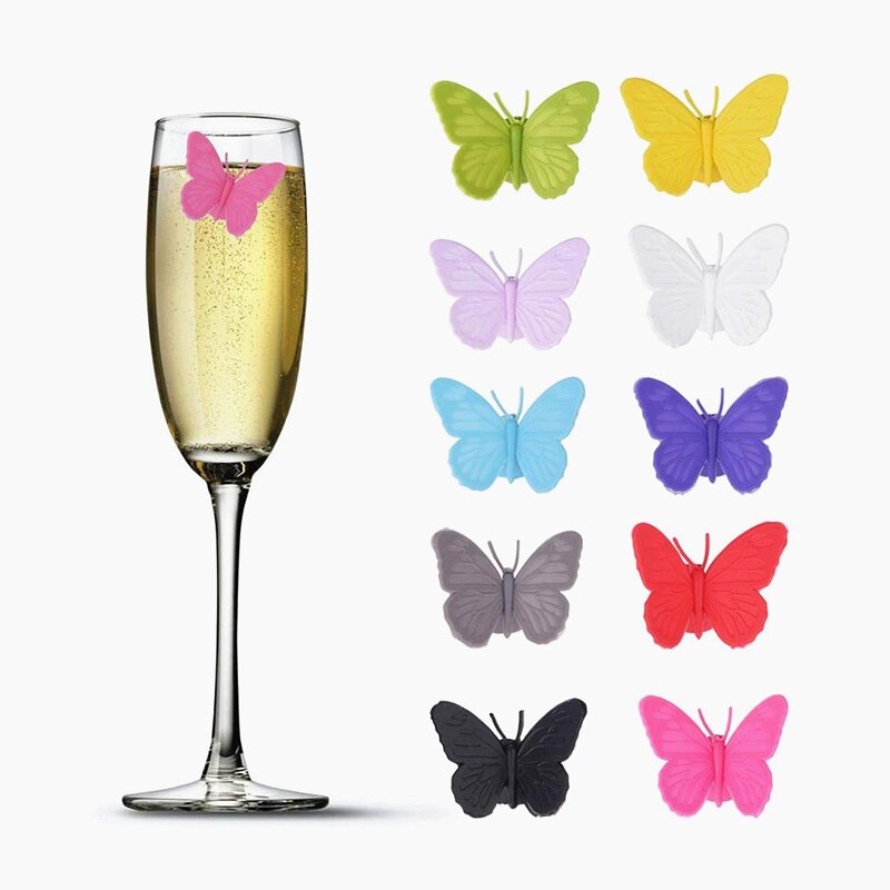 6 Pcs Silicone Red Wine Glass Marker Color Butterfly Wine Cup Identifier Labels Tags Sign Suction Cup Cocktail Party Bar Tools