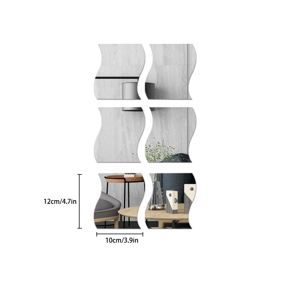 6 pièces 12*10cm bricolage 3D miroir autocollant mural vivant maison moderne auto-adhésif vague carré miroir autocollants décor à la maison