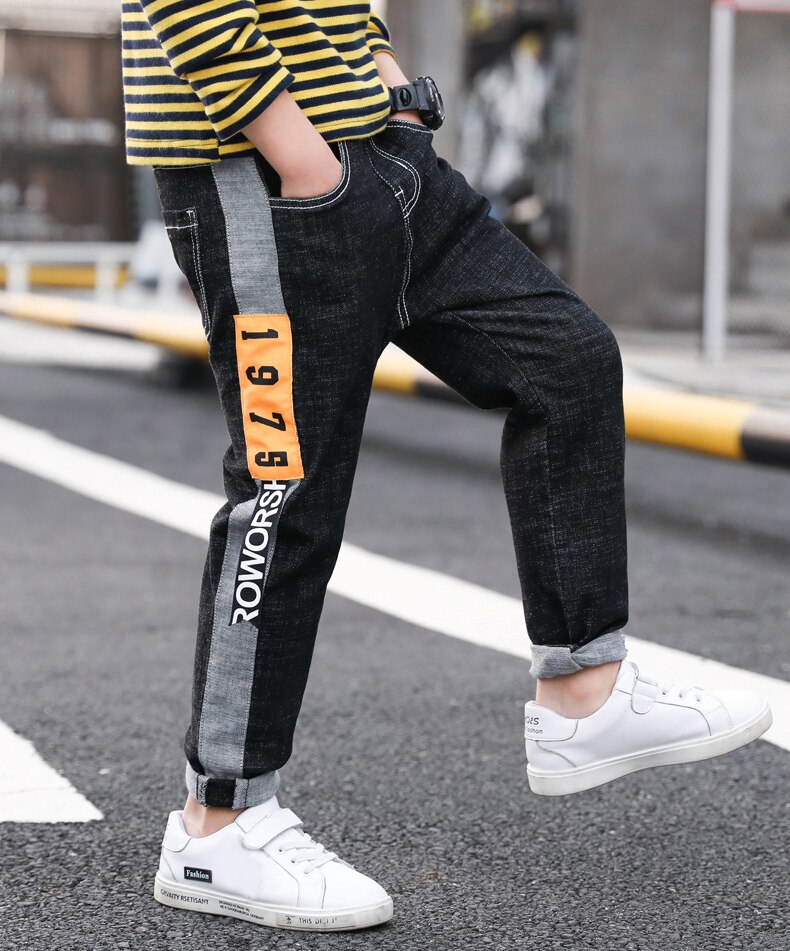 Ienens boy stretch jeans vår höst jeans för barn fritidsbyxor elastiska midja byxor blå färg barnkläder 5-13y